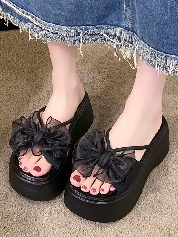 Cute sandals to go out with bow, fashionable slippers, city style, suitable with a skirt