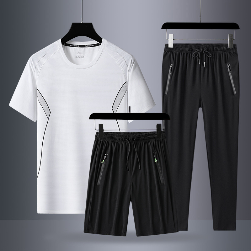 Trajes deportivos de manga corta transfronterizos para hombres de verano, camisetas de media manga de hielo, pantalones cortos casuales de tres piezas para correr.