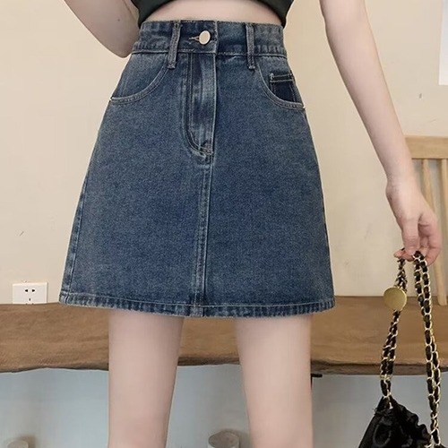 Retro Cowboy Semi-Body Skirt for Women - Summer, Petite A-Line High-Waist Slimming Large Size Bustier Short Skirt