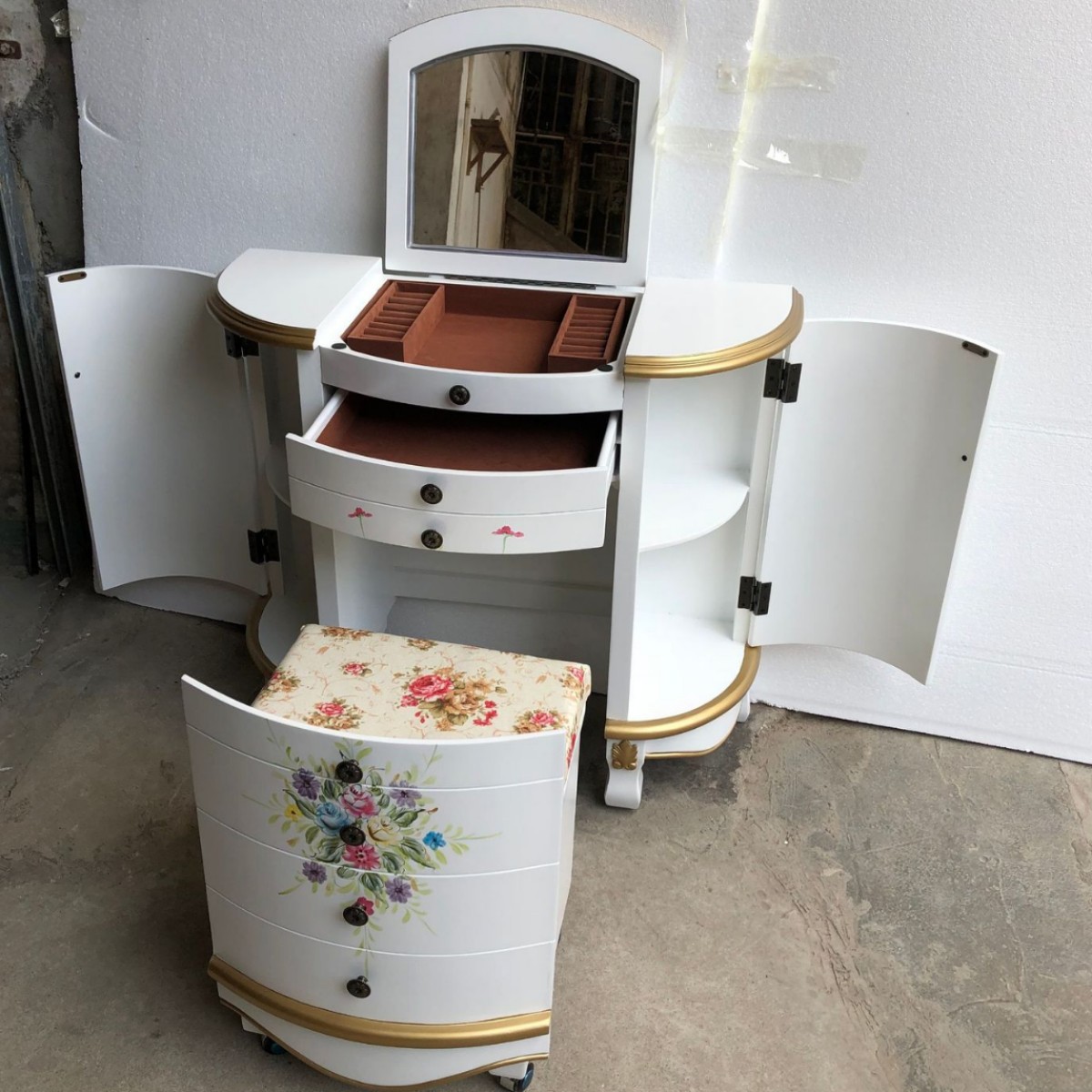 Supreme American Flip Folding Bedroom Solid Wood Dressing Table Dressing Table Pastoral Painted Semicircle Dressing Cabinet Wholesale