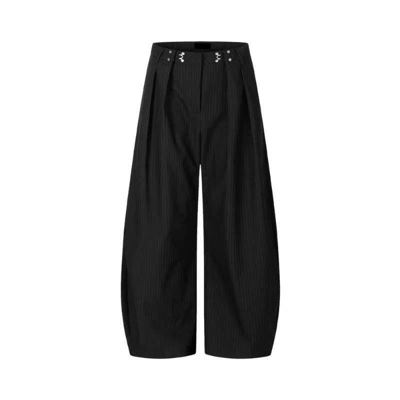 Black Vertical Striped Scythe Pants for Men, High-End Feel, Niche Metal Buckle Adjustable Loose Casual Dress Pants