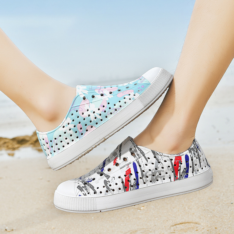 Summer Cave Shoes Men's Couple's Printed Casual Beach Hollow-out Baotou Wading Shoes Soft-soled Breathable Non-slip Sandals for Women