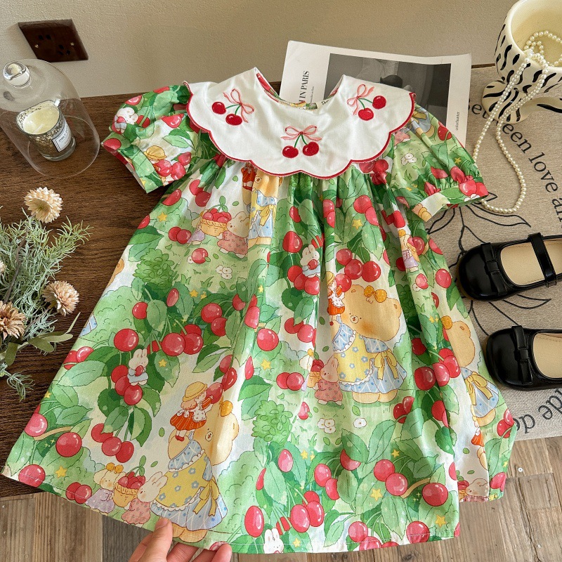 Vestido de siete niñas con limón salado, cuello de muñeca bordado de cereza, estilo de verano, manga corta, dulce falda de princesa para niños, vestido de bebé