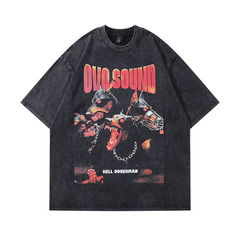 TKPA American high street high quality direct spray Doberman print hiphop washing old retro short-sleeved T-shirt men