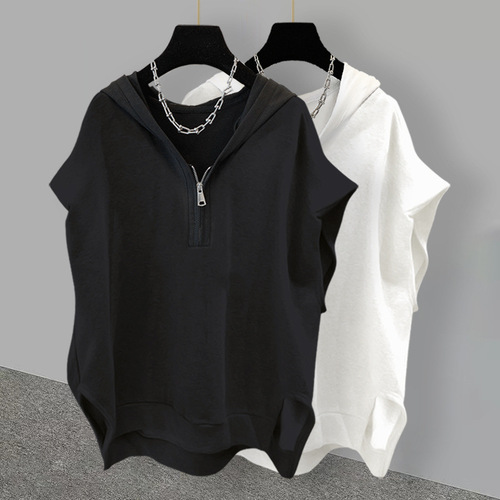Extra Large Code 300 Pounds Solid Color Zipper Hooded Sleeveless Sweatshirt for Women Autumn Ins Korean Version Loose Backless Top Summer 200