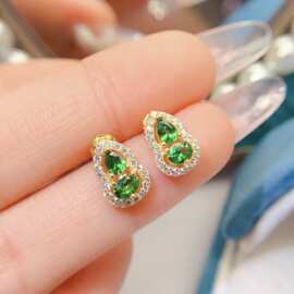 跨境亚马逊天然沙弗莱耳钉S925银主石3*4热销耳饰女设计感小众