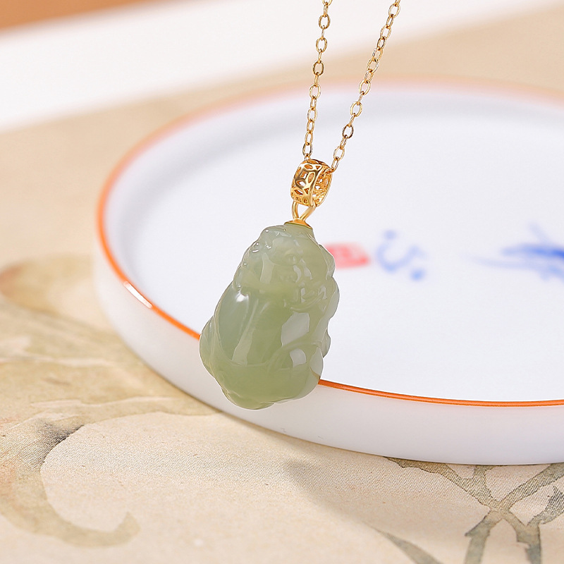 Mặt dây chuyền bạc S925 mạ vàng đá ngọc bích hình đồng xu Tỳ Hưu phong cách tân cổ điển — Mặt dây chuyền đơn (không kèm dây)