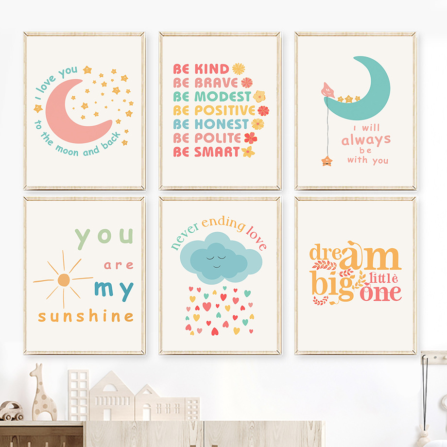 Modernes minimalistisches Kinderzimmer-Cartoon-Leinwandbild mit inspirierenden Zitaten zu Sonne, Mond und Regenbogen – ideal für Babyzimmer._voghion.com