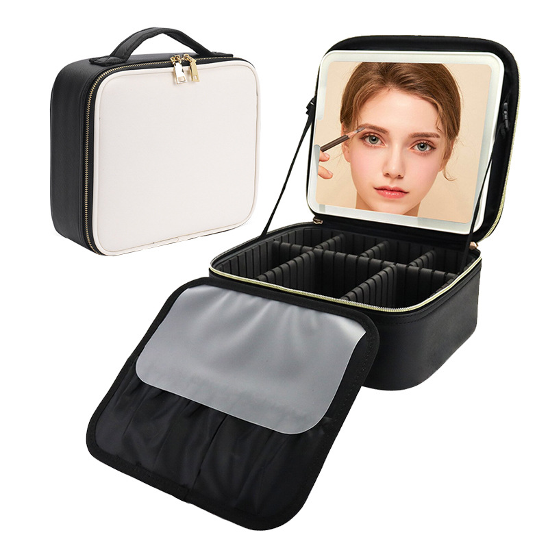 Bolsa de maquillaje de alta calidad con espejo con LED, partición desmontable, bolsa de maquillaje portátil impermeable de almacenamiento de gran capacidad