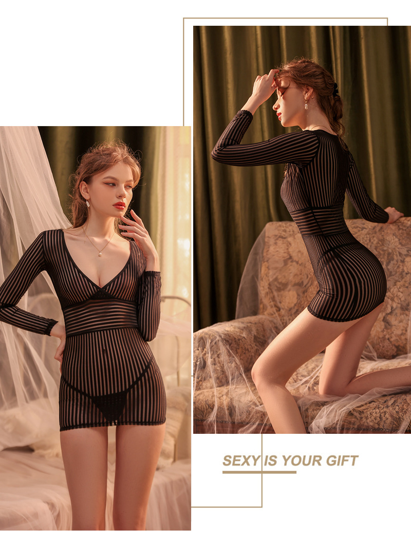 Striped Secretary Roleplay Lingerie Set with Sheer Long-sleeve Top, Mini Skirt and Thong — detail image 17