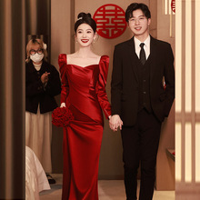 法式鱼尾敬酒服新娘2025新款酒红色高级感订婚连衣裙结婚晚礼服女