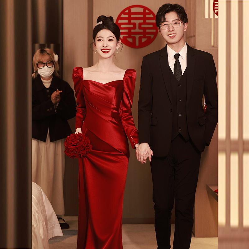 French-Style Fishtail Toast Dress for Bride 2026 New Burgundy High-End Engagement Dress Wedding Evening Dress for Women