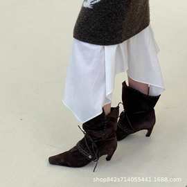 走秀款复古编织西部牛仔堆堆靴女2025早秋新款百搭尖头时装靴