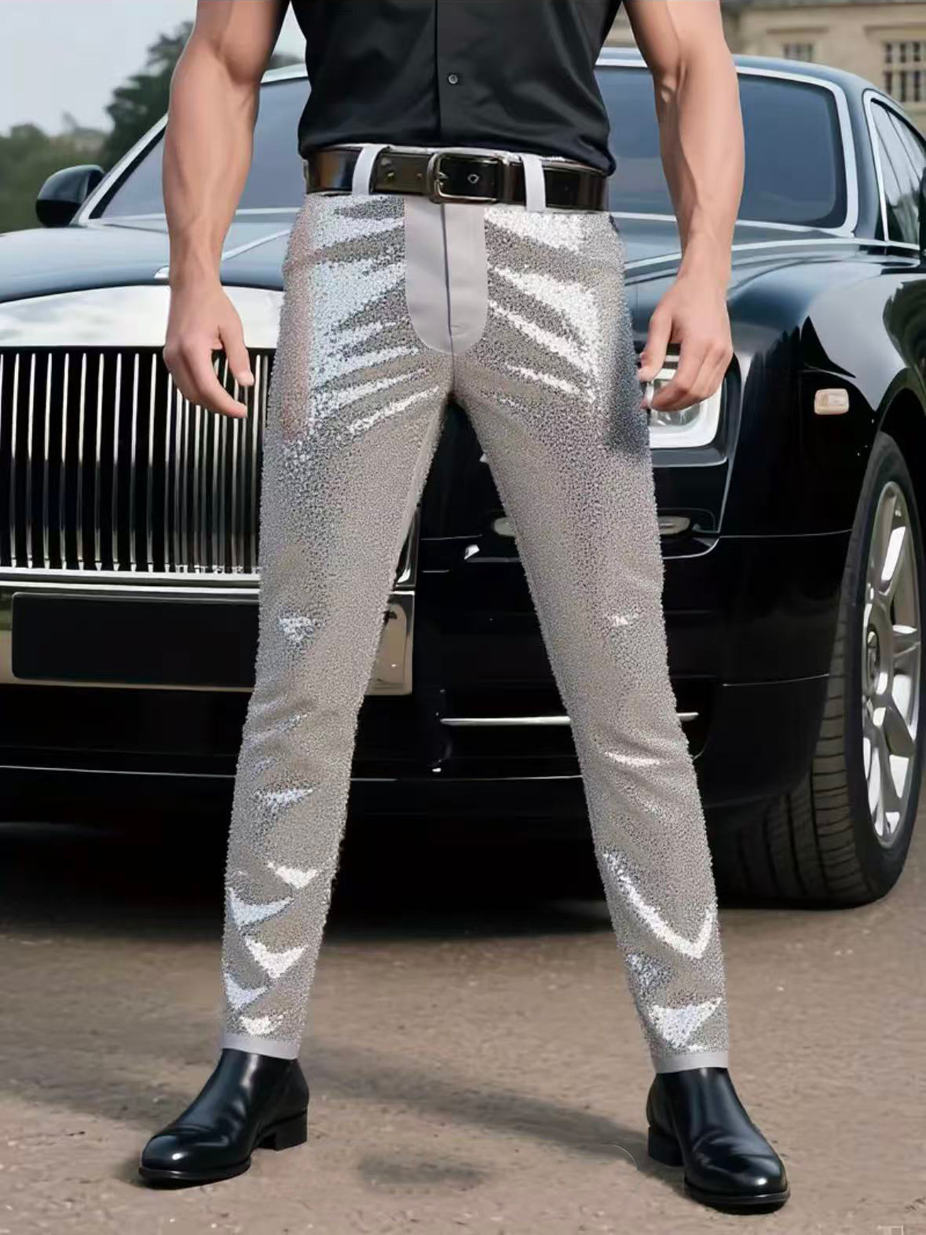 Slim Fit Sequin Suit Trousers For Men Sparkling Party Pants_voghion.com