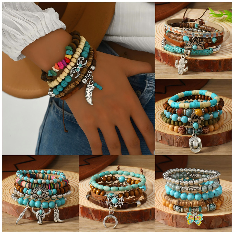 Cross-border New Western Denim Style Turquoise Cattle Head Hat Multi-layer Storestring Bracelet Multi-piece Beaded Bracelet