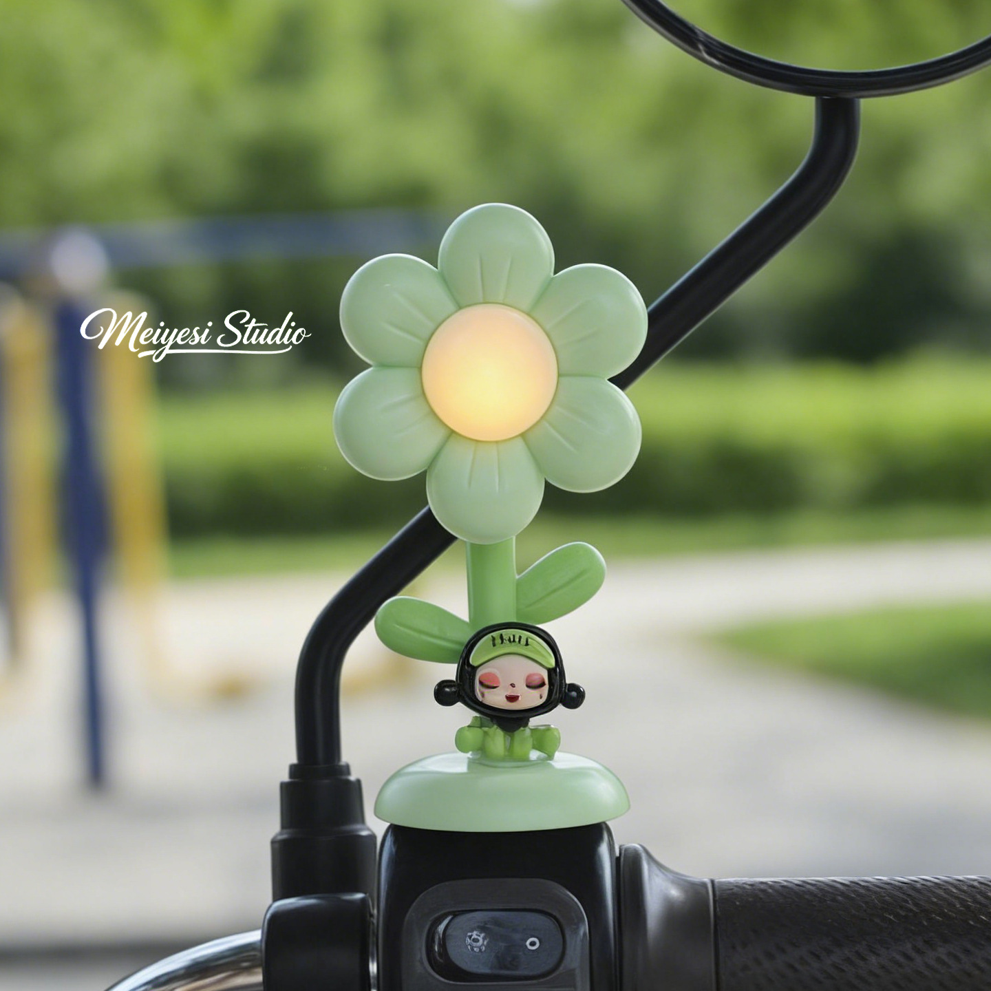 Flores de automóviles eléctricos adornos de luces lindos dibujos animados jefe perro coche de batería bicicleta de noche luces de advertencia accesorios de decoración