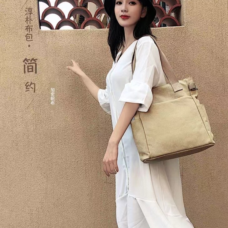 Clearance-Casual Canvas Bag Shoulder Bag Portable Women's Large Capacity Hand Bag Japanese Solid Color Large Canvas Bag