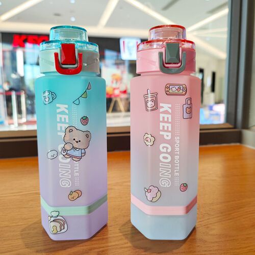 Two-color gradient hexagonal plastic cup with lock buckle portable rope tea partition straight drinking cup 700ml comes with stickers