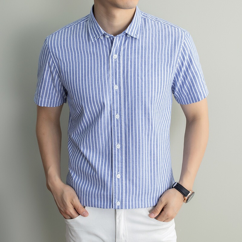 100% Pure Cotton Short-Sleeve Shirt for Men, Striped, New Summer Style, Business Casual, Breathable Men's Oxford Shirt