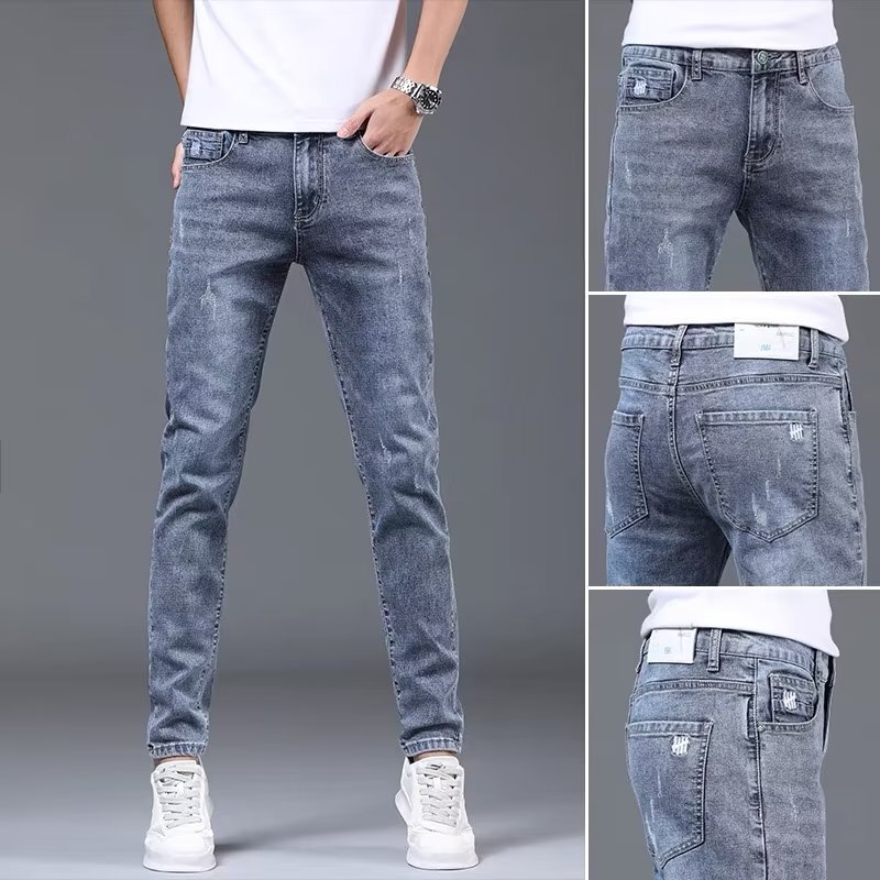 2024 New Style Jeans Men's light blue Skinny Foot Trendy All-match Straight Stretch Men's Slim-fit Casual Long Pants