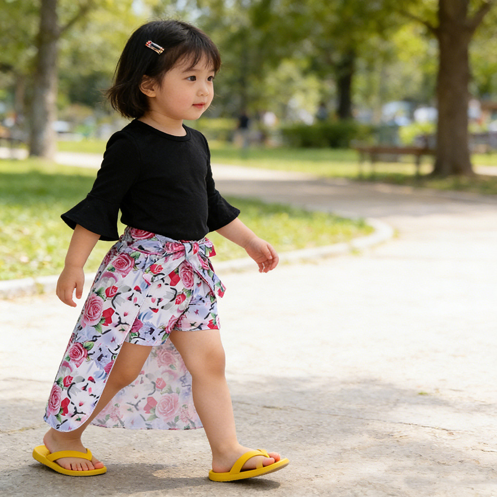 ins new children's clothing girls three-piece set Tide fan solid black T + floral shorts + swallowtail skirt Amazon ebay
