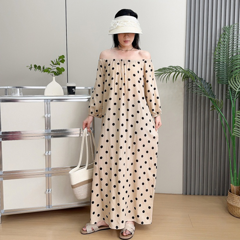 棉绸波点包袖连衣裙大码女装收腰中袖宽松显瘦胖MM系带抹胸长裙子