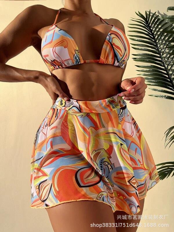 2022 nuevo popular sexy moda europea y americana bikini falda de malla de tres piezas traje de baño de las mujeres