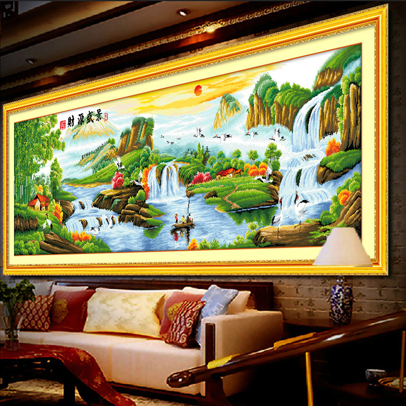 ♡电脑机绣十字绣成品迎客松财源盛景 客厅简约现代山水风景画