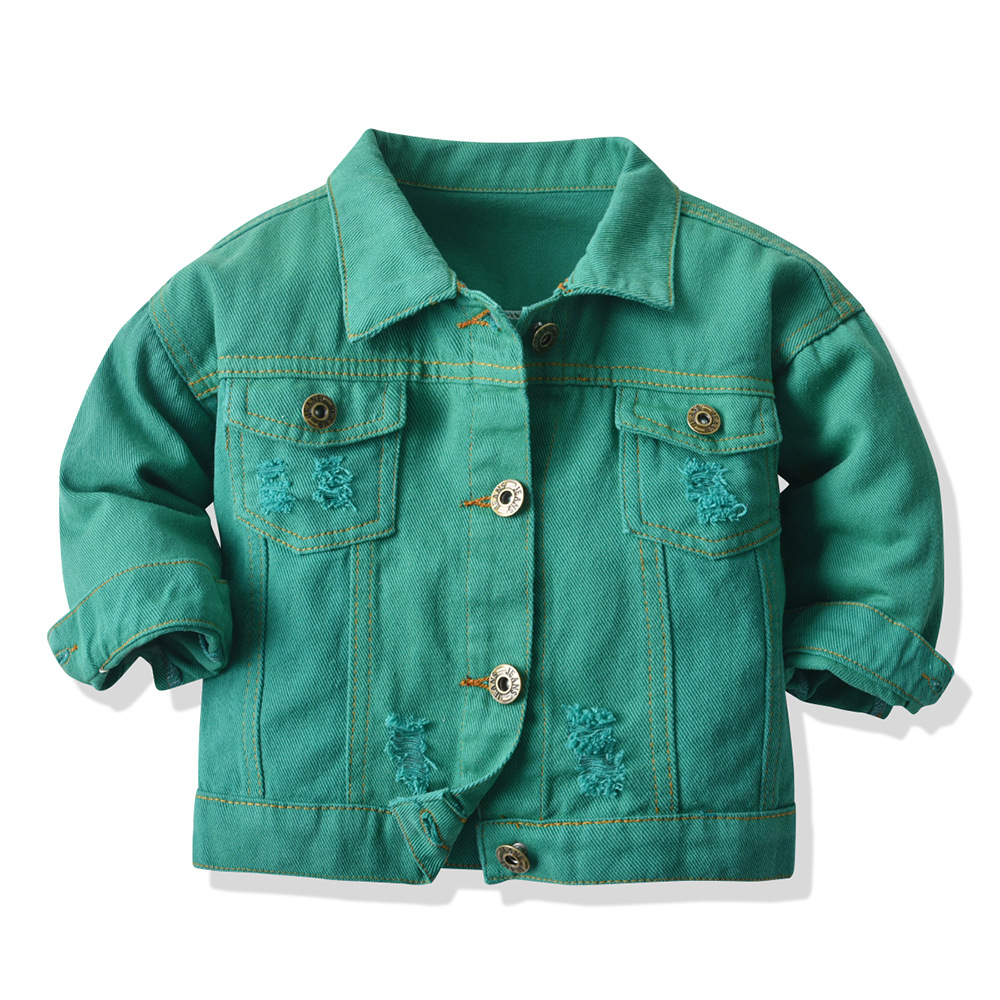 Ropa de mezclilla ultracorta casual para niños nueva primavera color sólido manga larga agujero solapa moda chaqueta de mezclilla delgada