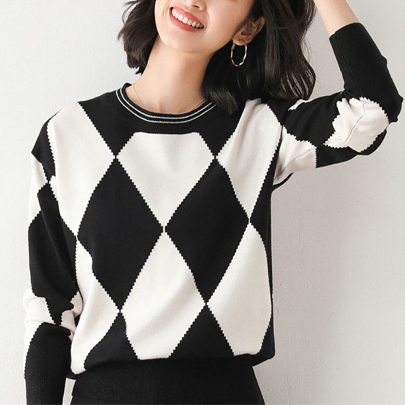 圆领毛衣女2025秋冬新款时尚菱形格子针织衫韩版拼色打底衫女