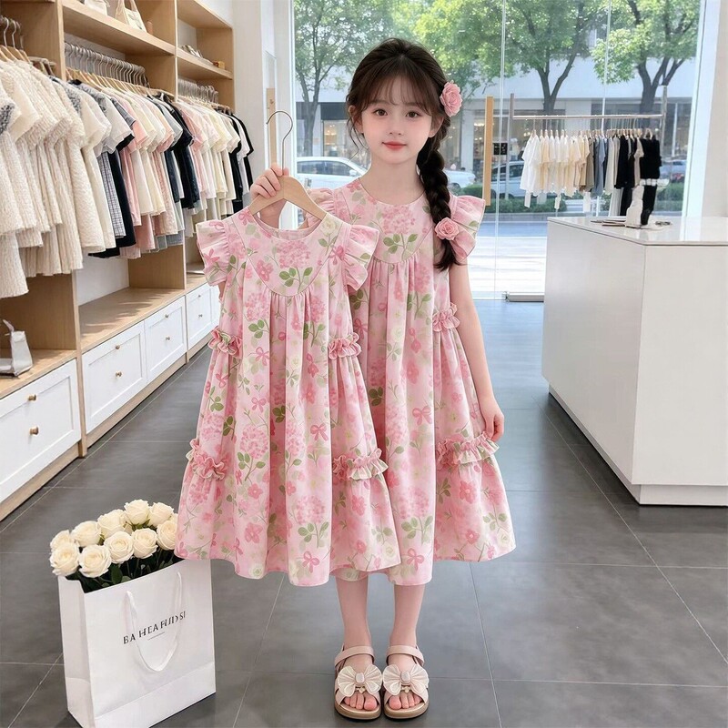 Girls' Floral Print Flutter Sleeve Dress 2026 Summer New Korean Style Sweet Versatile Princess Dress Thin Version Girls' Floral Print Flutter Sleeve Dress 2026 Summer New Korean Style Sweet Versatile Princess Dress Thin Version