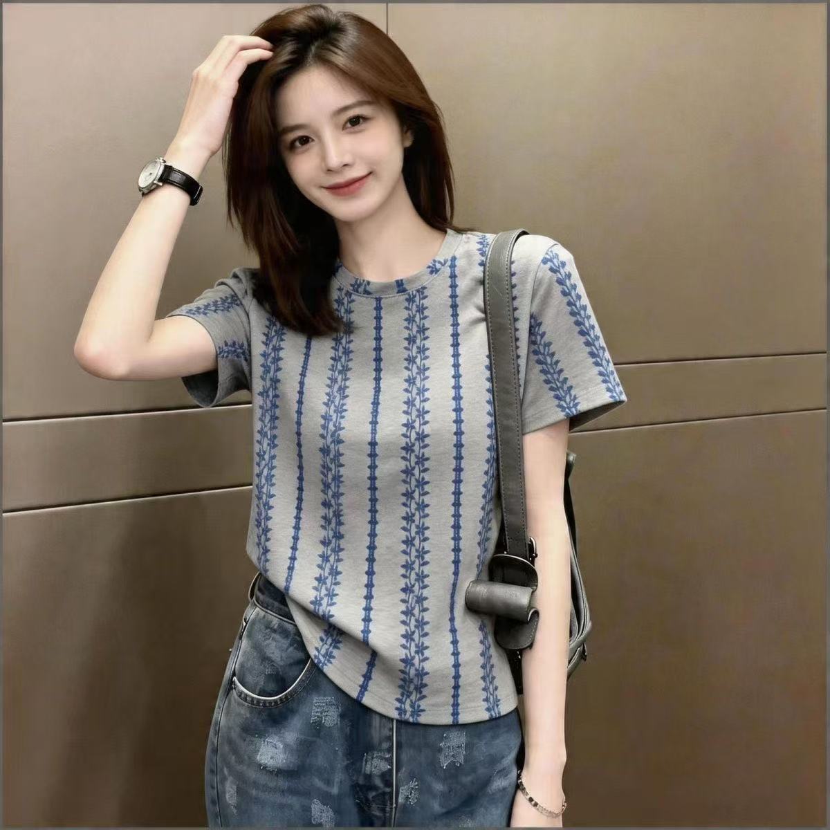 新中式蓝纹正肩短袖T恤女春夏宽松显瘦灰色t休闲百搭上衣女装潮