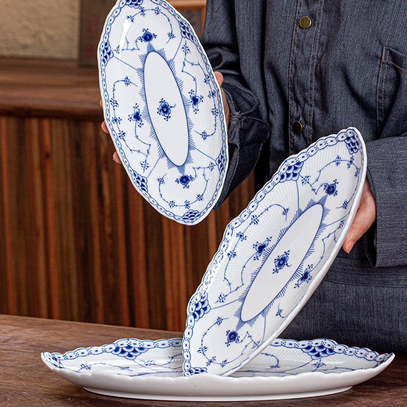 Blue and White Tangcao Dan-shaped Tray Breakfast Plate Underglaze Colorful Pastry Plate Steamed Fish Plate Dishpoint Plate French White Porcelain Tableware