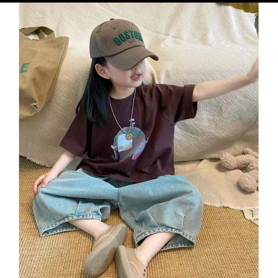儿童套装夏季2024新款女孩女童短袖薄款牛仔洋气七分裤洋气两件套