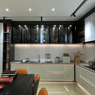 Foshan Factory Whole House Cabinet Custom Stainless Steel Cabinet Open Kitchen Top Cabinet Quartz Stone Island Sideboard