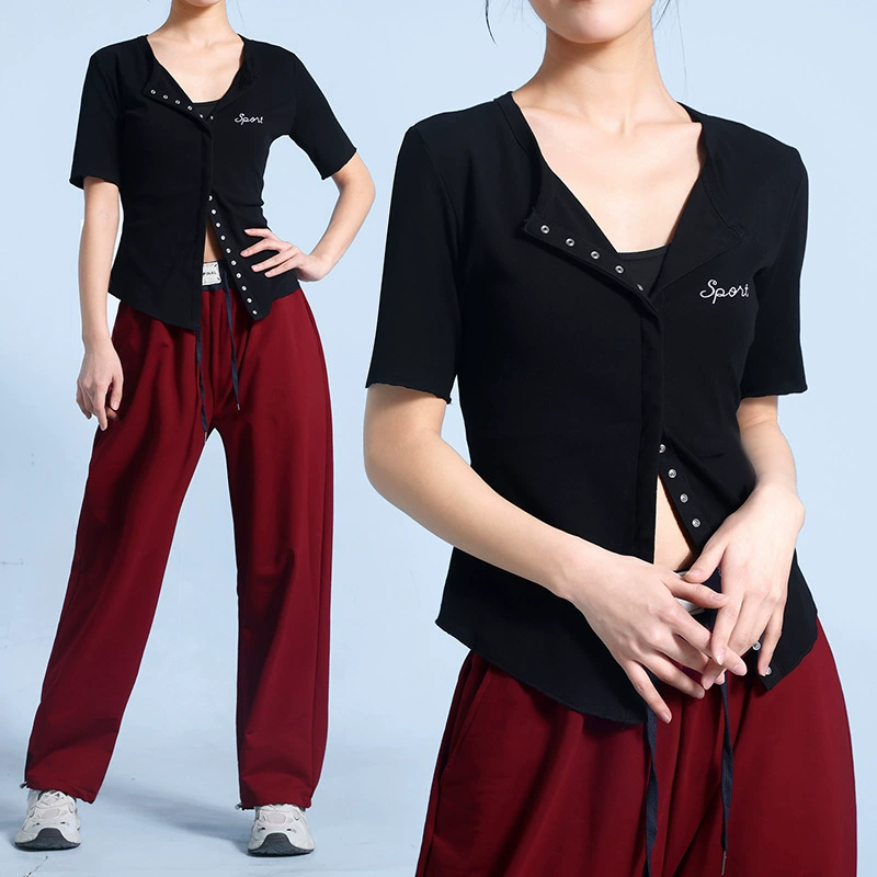 Горячая девушка черная весенняя и осенняя футболка с длинными рукавами