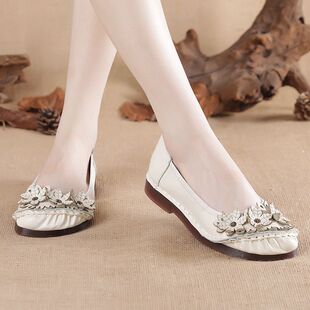 Top Layer Cowhide Summer Super Soft Bottom Shallow Mouth Ethnic Style Maternity Shoes Non-Slip Pea Shoes Flat Women's Single-Layer Shoes Mother Shoes
