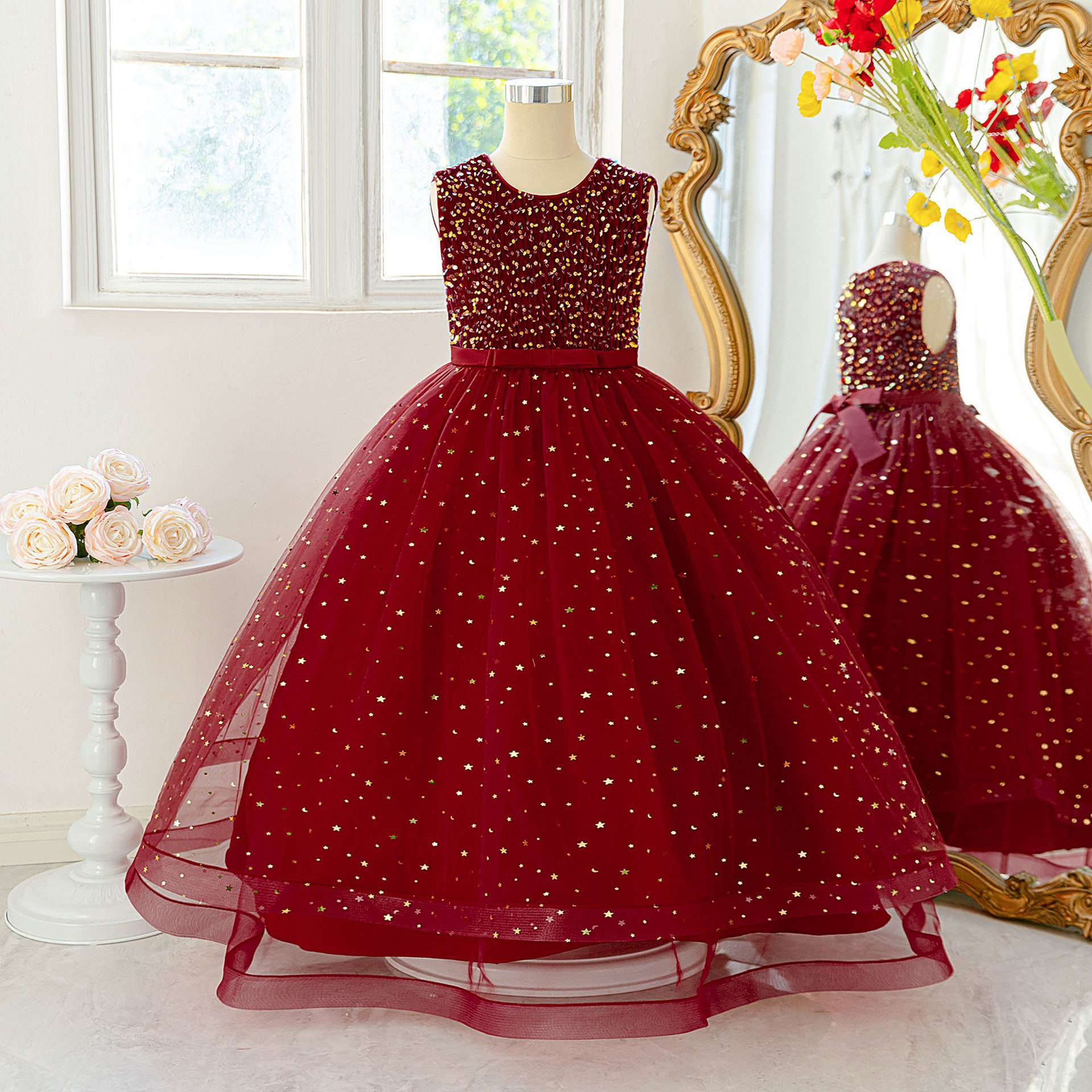Vestido de Noche de Moda con Lentejuelas para Niñas, Colección Primavera/Verano 2026, Vestido de Princesa con Malla Abullonada para Actuaciones de Piano, Traje de Gala