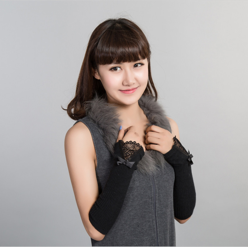 Cashmere arm sleeve women's autumn and winter knitted wool mid-length warm half finger gloves thickened fake sleeves
