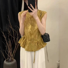 新しい中国風国民風 2025 夏の新しい女性のハイエンド西洋スタイルレースジャカードシングルブレストノースリーブシャツトップ