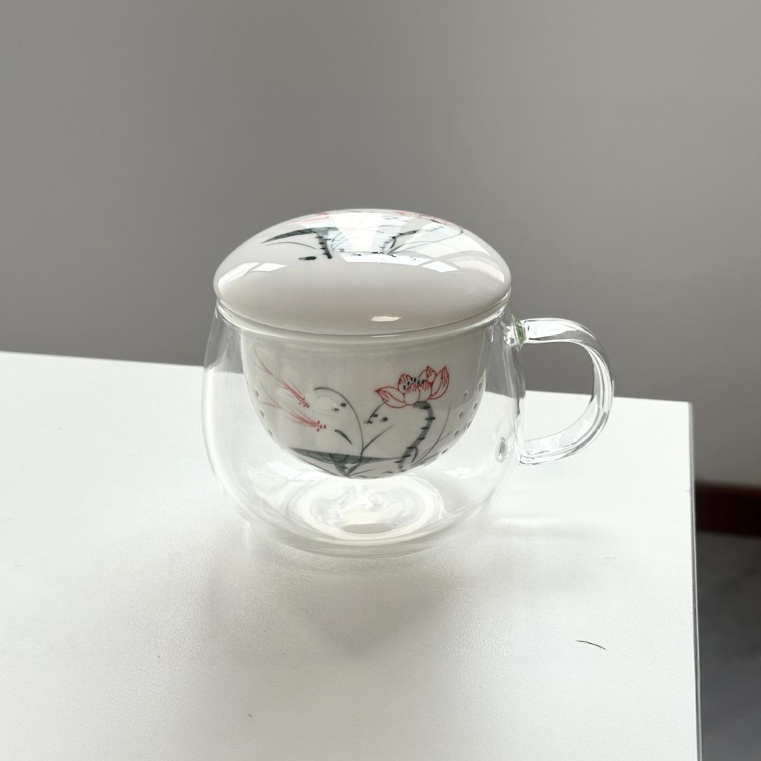 茶杯釉下彩耐热玻璃杯加厚三件式透明杯子陶瓷泡茶杯茶汤分离水杯