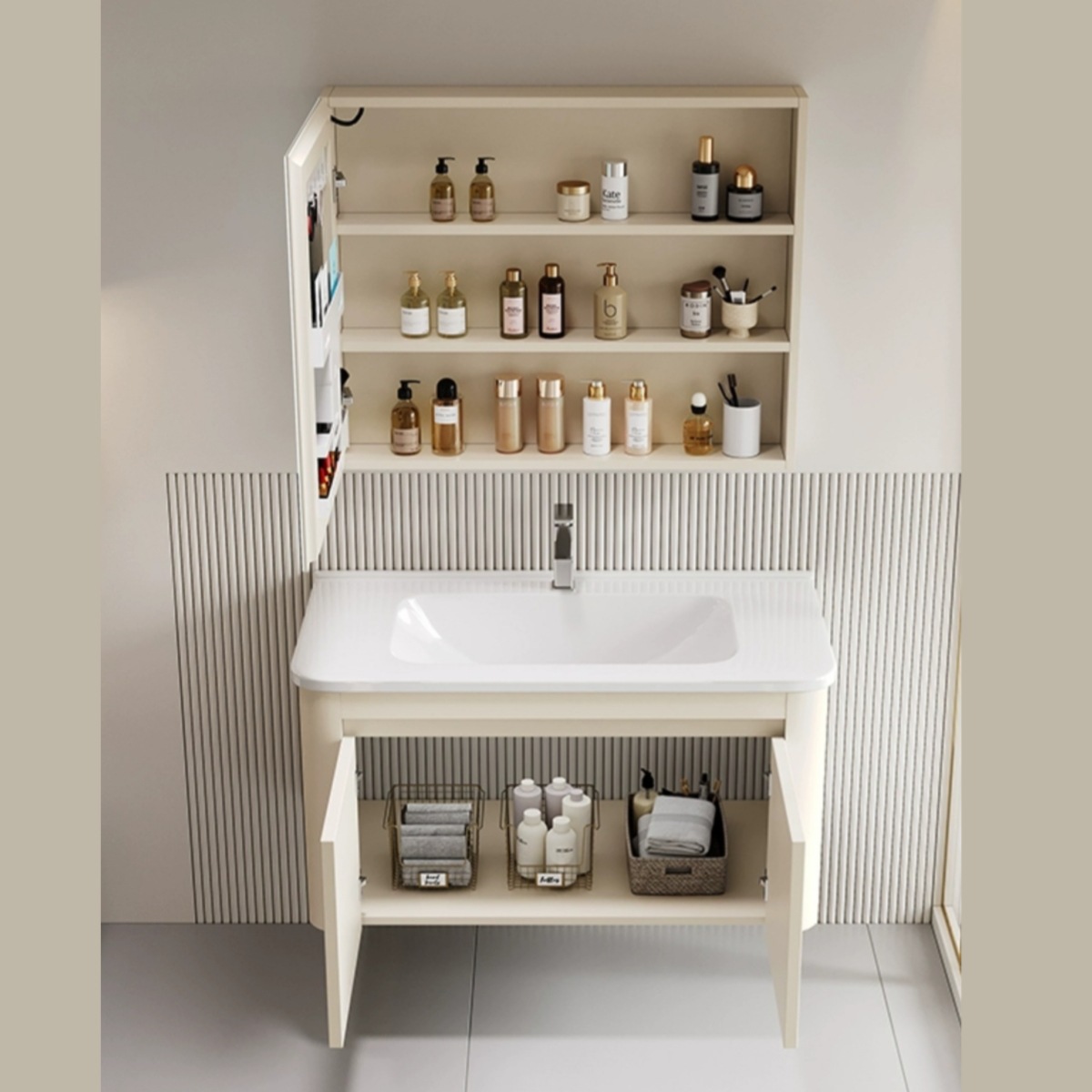Baño de aire de crema espacio de aluminio panal de baño gabinete conjunto de esquina redondeada cerámica lavabo gabinete de espejo de belleza inteligente