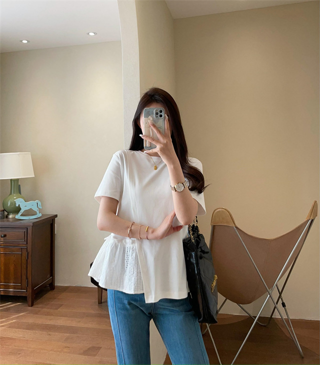 Design sense: Unconventional irregular hollowed-out embroidery patchwork hem, loose short-sleeved T-shirt for women, Spring/Summer 2025 G032206 pic 19