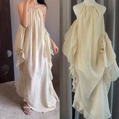 在庫あり/背中開きリボン付きゆったりホルターネックワンピース レディース 夏 ゆったりリゾート風ロングワンピース
