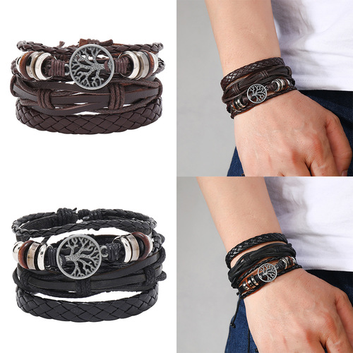 TEMU's New Life Tree Element Bracelet Set for Men, Multi-Layer Cross-Border Handmade Jewelry