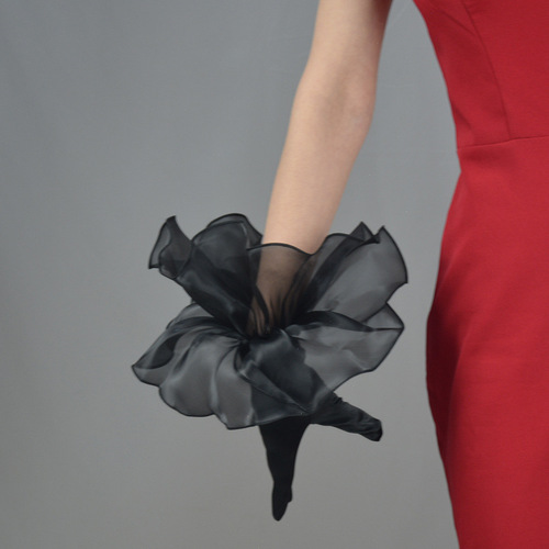 Evening Gloves Black Satin Gloves Ruffled Elastic Wedding Dress Dinner Accessories Elegant Hepburn Style Winter