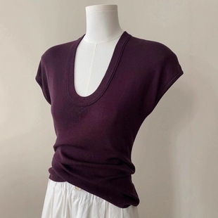 Tencel Purple U-Neck Knitted Shoulder Short-Sleeved T-Shirt Women's Thin Summer Western Style Unique Chic Slim-Fit Slimming Top