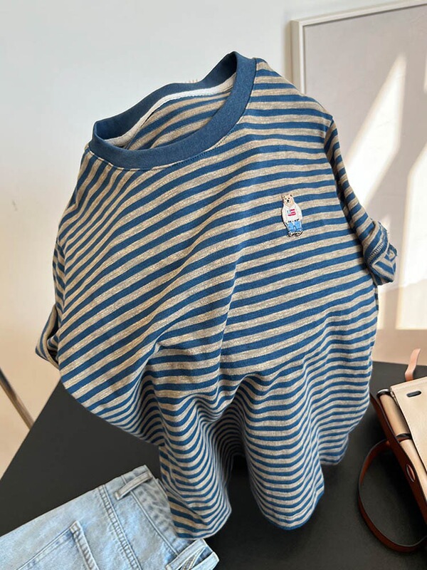 B339 # 2026 Summer New Style Pure Cotton Striped Short-Sleeved T-Shirt for Women Summer Casual Loose Round Neck Oversize Top B339 # 2026 Summer New Style Pure Cotton Striped Short-Sleeved T-Shirt for Women Summer Casual Loose Round Neck Oversize Top