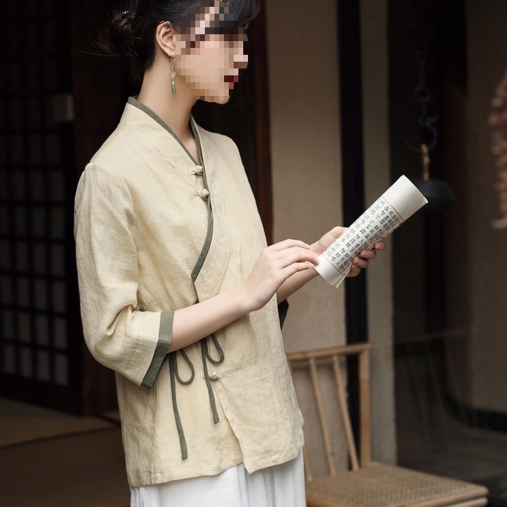 茶職人服中華民国スタイル禅女性服茶トップ中国チャイナドレス唐スーツトップ茶服夏|undefined