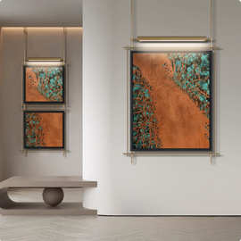 新中式竖幅金属吊杆铁艺画壁挂灯画客厅餐厅氛围感山水装饰画壁灯